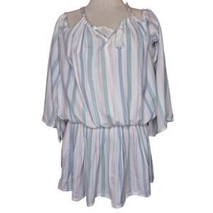 SurfGypsy NEW Shirred off the shoulder tassel mini dress cover up striped pastel
